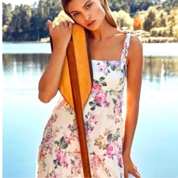 Anthropologie House of Harlow 1960 Floral Linen Tiered Dress with Ties - Picture 3 of 13